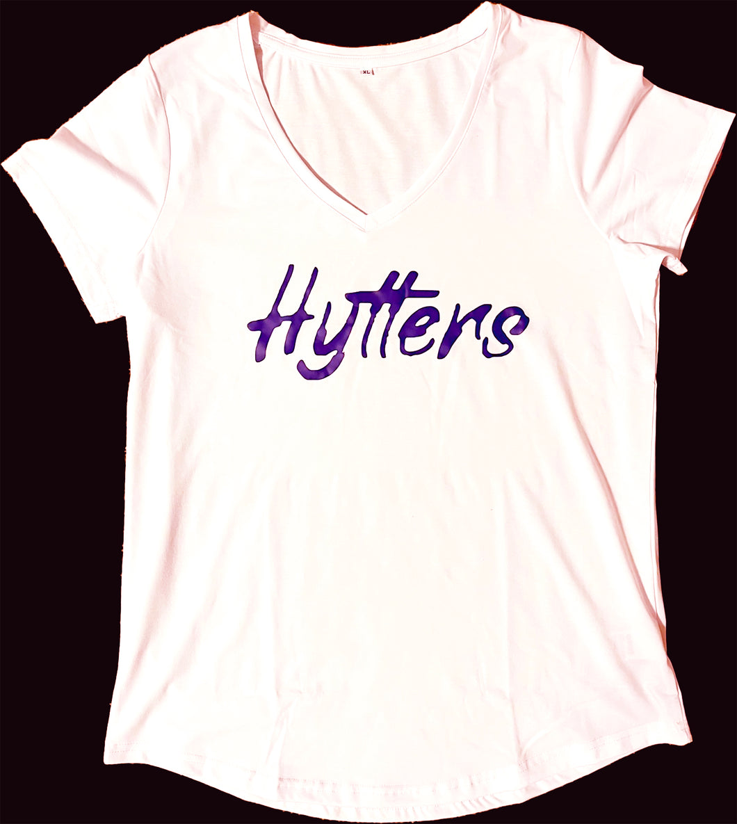 Lady in Purple Hytters Logo White T-Shirt